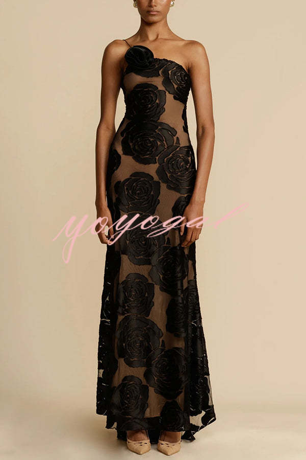 Timeless Elegance and Sexy Floral Print Asymmetrical Neckline Maxi Dress