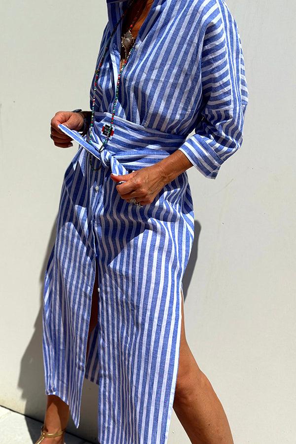 Summer Splendor Printed Button Half Sleeve Belt Loose Shirt Midi Dress