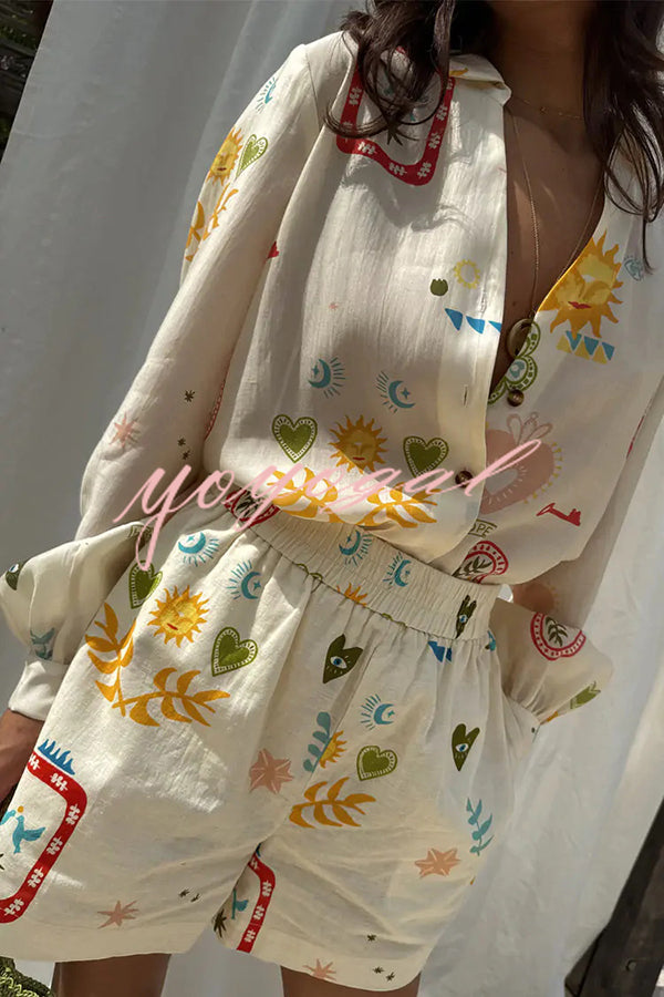 Funny Vacation Unique Printed Long Sleeve Shirt and Elastic Waist Pocket Loose Shorts Set