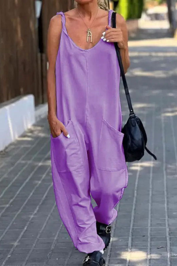 Relaxing Bay Solid Color Pocketed Casual Beach Jumpsuit