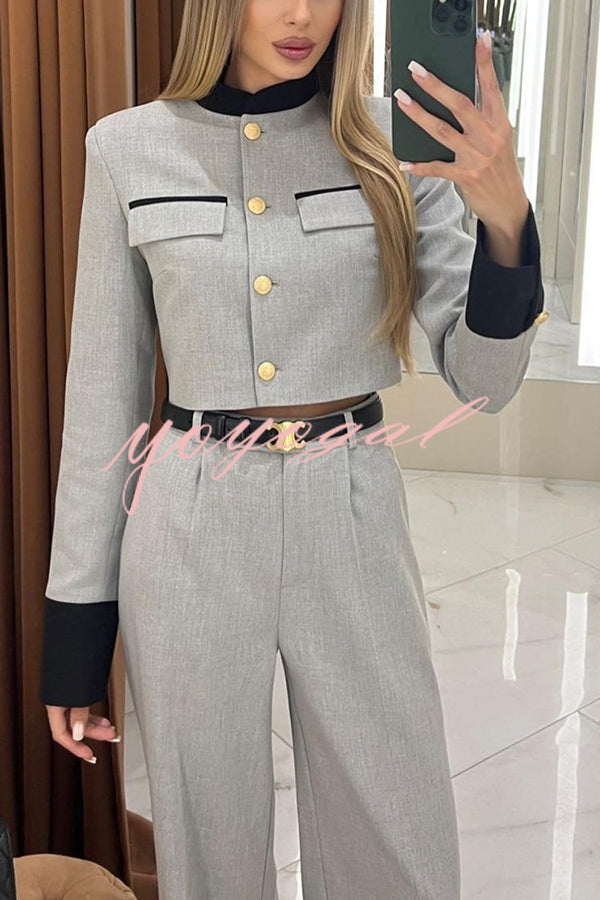 Stylish Contrasting Cropped Long Sleeve Top and Pocket Straight Leg Pants Set