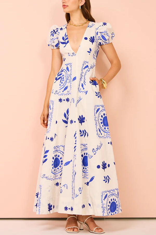 Embrace The Glamour Linen Blend Unique Print Puff Sleeve Pocketed Maxi Dress