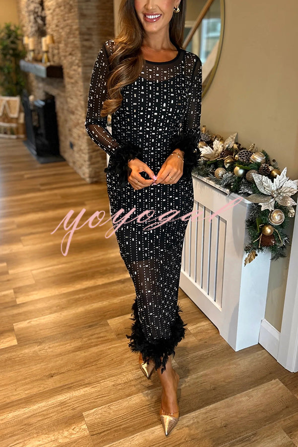 Sexy Long Sleeve Round Neck Feather Edge Rhinestone Decoration Slim Fit Maxi Dress