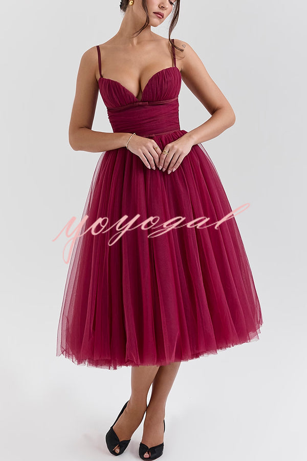 Royal Treatment Tulle Bows Detail Ruched Slip Midi Dress