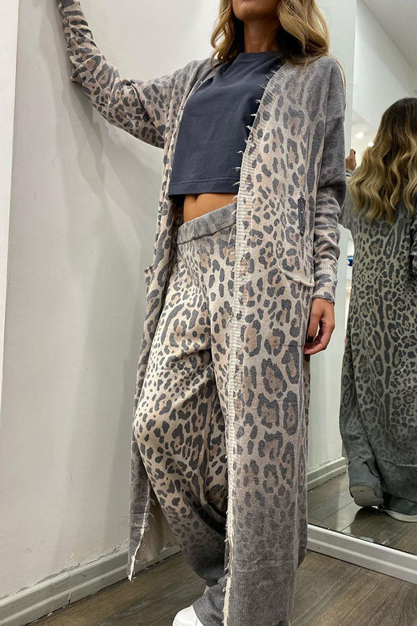 Comfort first Leopard Print Pocket Long Sleeve Cardigan Elastic Waist Pants Set