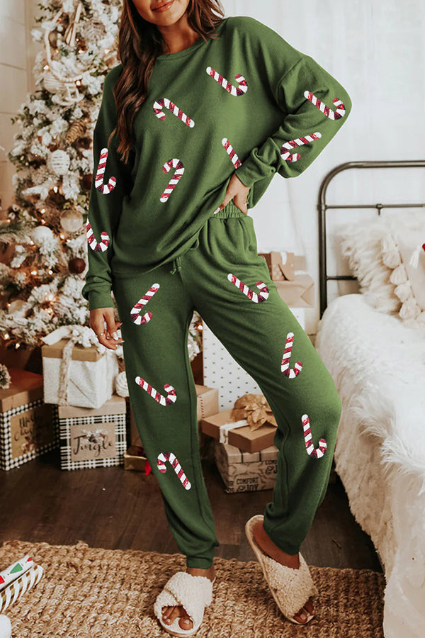 Christmas Sequin Print Long Sleeve Top and Elastic Waist Tie Pocket Pants Set