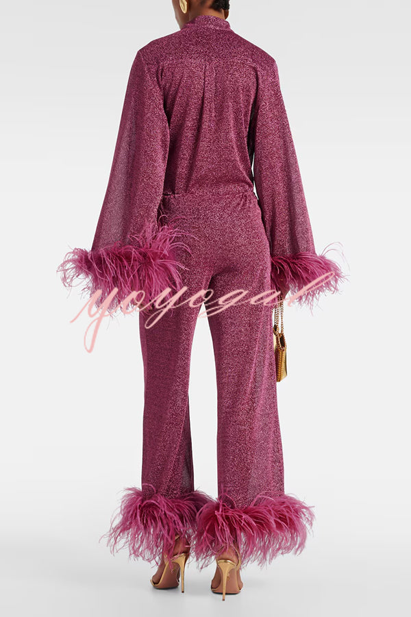 Glitter Fabric Feather Trim Long Sleeve Button Top and Elastic Waist Loose Straight Pants Set