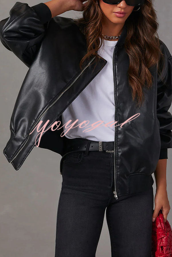 Solid Color Long Sleeve Loose Pocket Leather Jacket