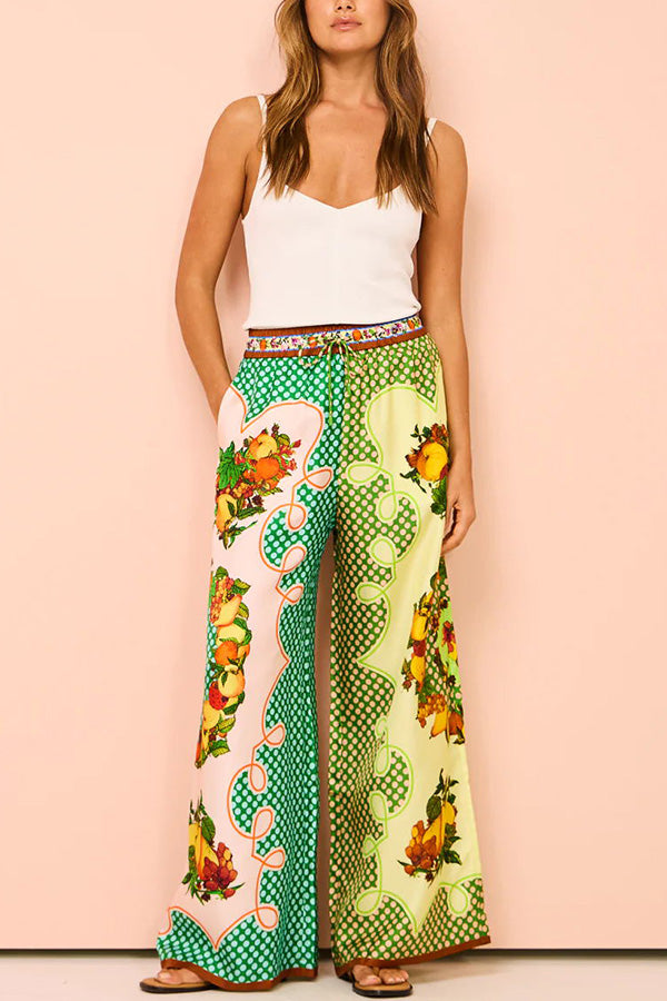 Enjoy Summer Lemon Satin Unique Print Elastic Waist Pocketed Wide Leg Pants