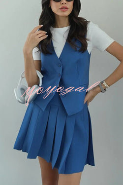 Solid Color Sleeveless Buttoned Vest and High-waisted Pleated Mini Skirt Set