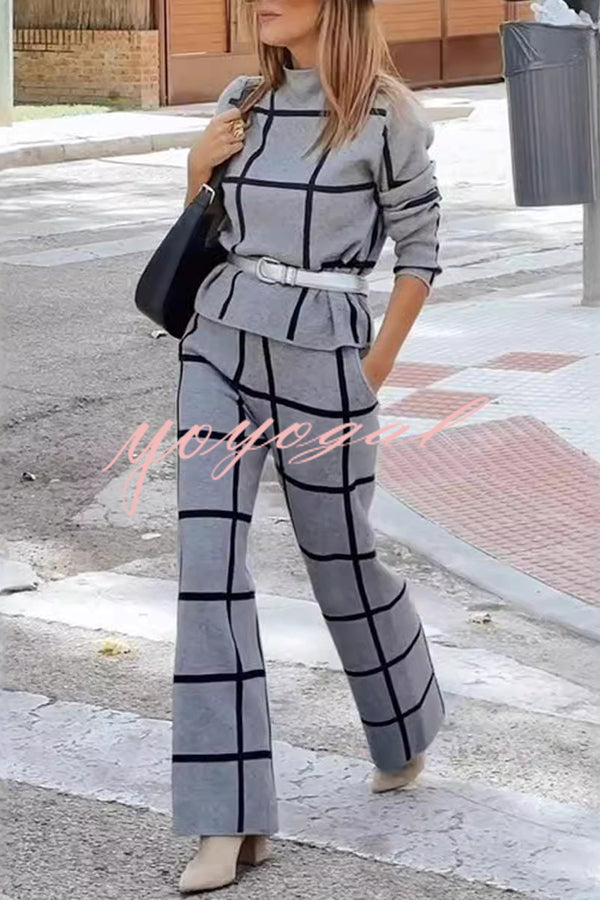 Fashionable Plaid Turtleneck Long Sleeve Top and Elastic Waist Tie Pocket Pants Set