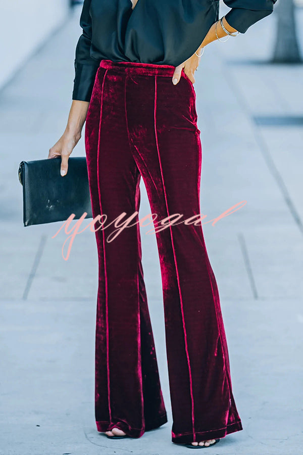 Claudia Velvet High Rise Elastic Waist Flare Stretch Pants