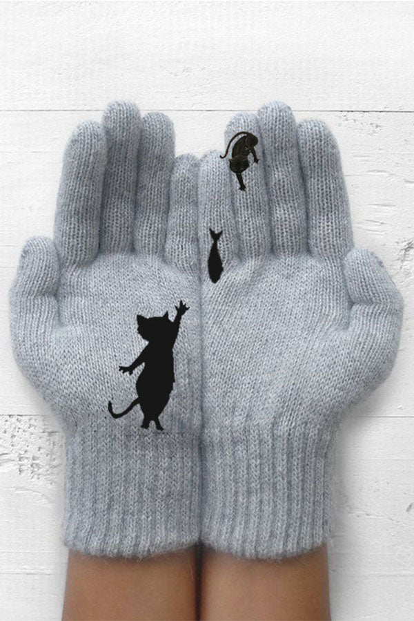 Printed Knitted Gloves Short Thickened Warm Finger Gloves-Cat