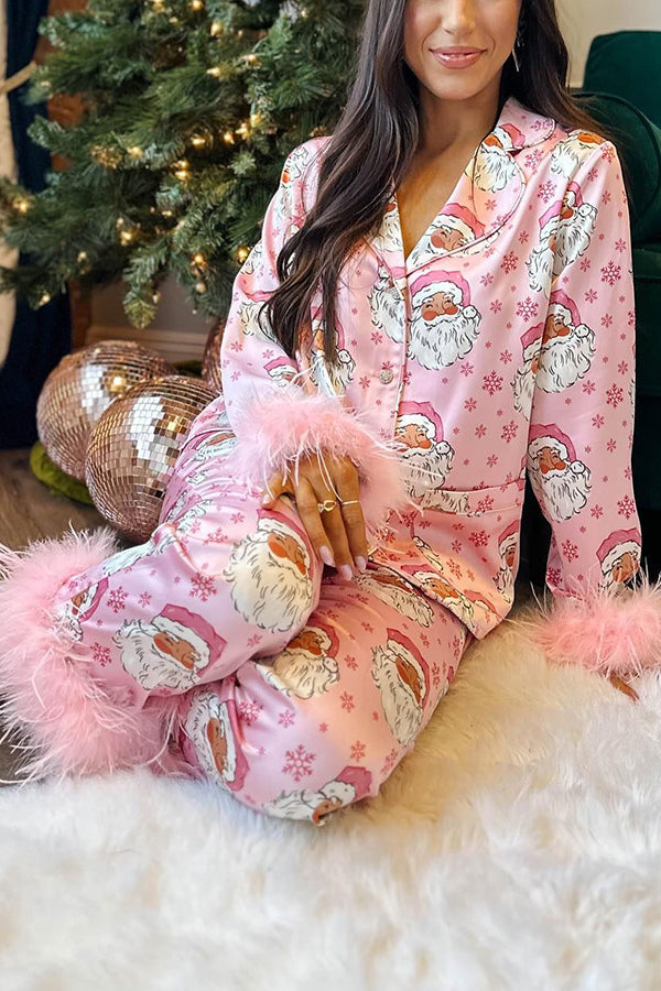 Christmas Besties Party Printed Feather Trim Elastic Waist Pocketed Pajama Set