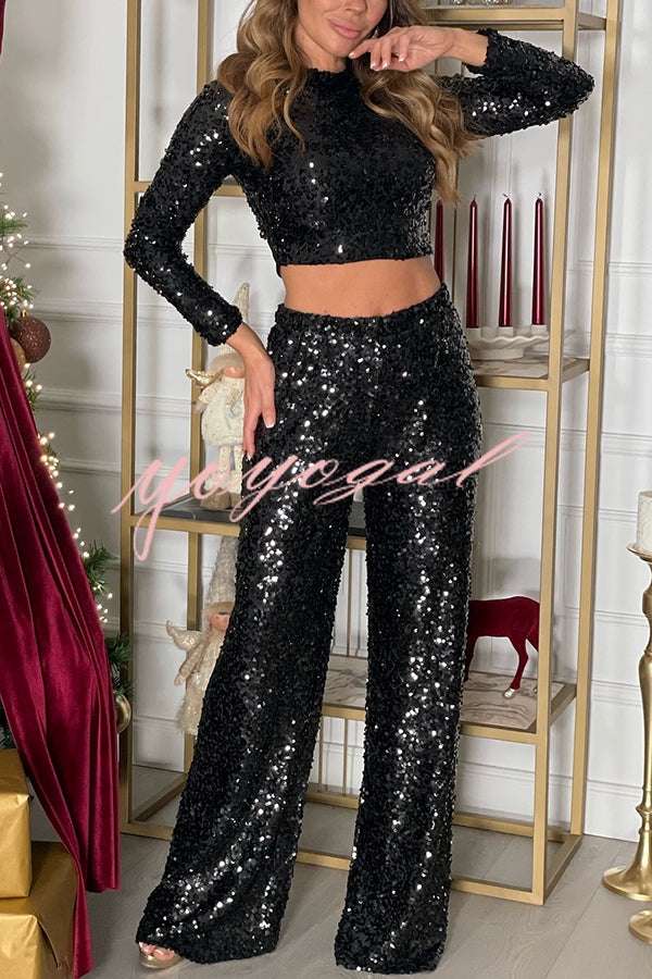 New Start Sequin Long Sleeve Back Tie-up Crop Top and Elastic Waist Loose Pants Set