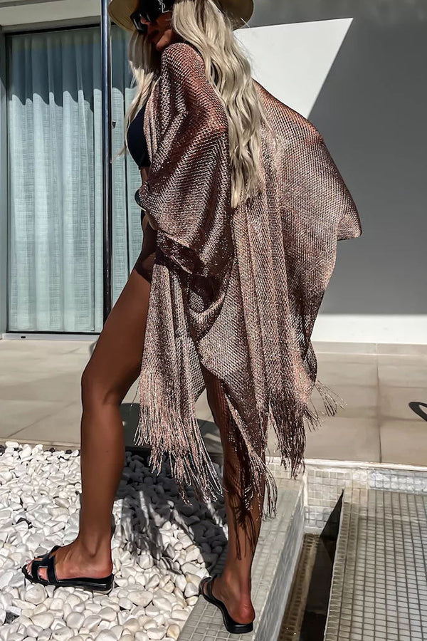 Perfect Look for Vacation Tassle Trim Batwing Sleeve Loose Cover-ups