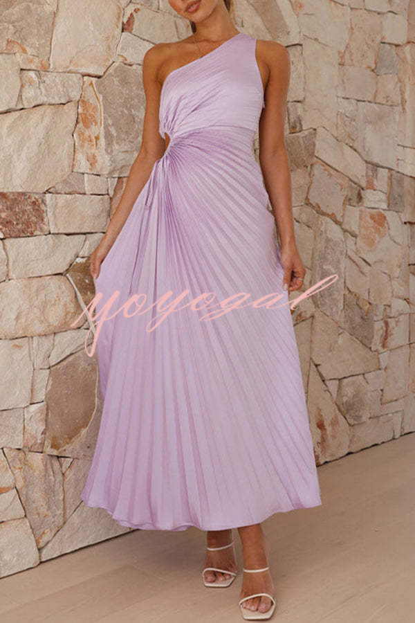 Charming One Shoulder Lace Up Cutout Pleated Maxi Dress