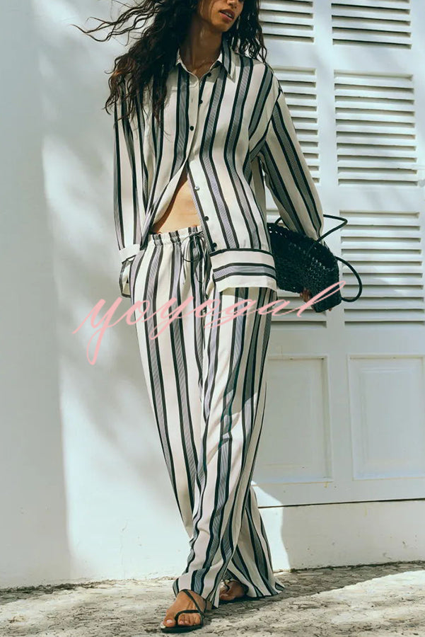 Lifetime of Happiness Striped Long Sleeve Loose Shirt and Elastic Waist Pocket Pants Set