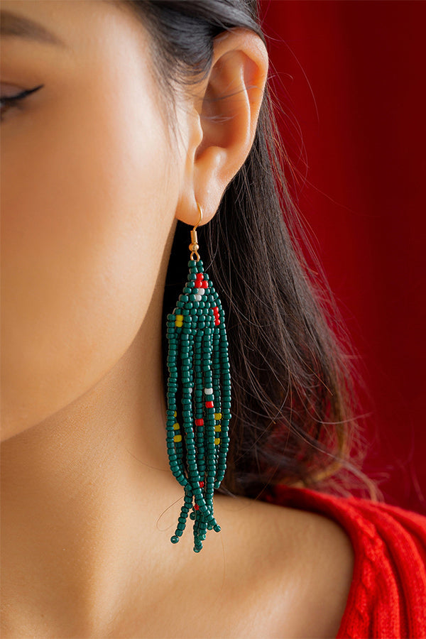 Bohemian Lightweight Christmas Tree Tassel Beaded Earrings