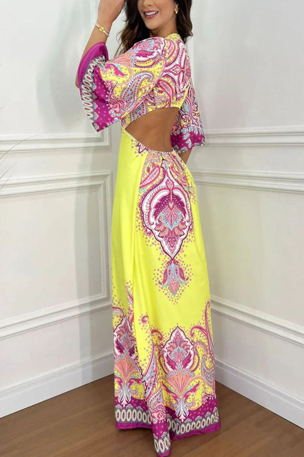 Stand Out and Shine Palace Style Print Bell Sleeve Backless Vacation Maxi Dress