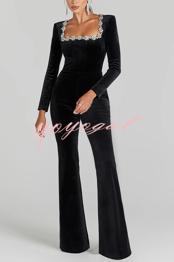 Classic Charm Velvet Jewel Embellished Trim Long Sleeve Flare Jumpsuit