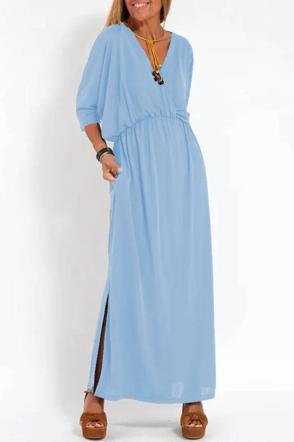 Ultimate Comfort Elastic Waist Half Sleeve Pocketed Slit Maxi Dress