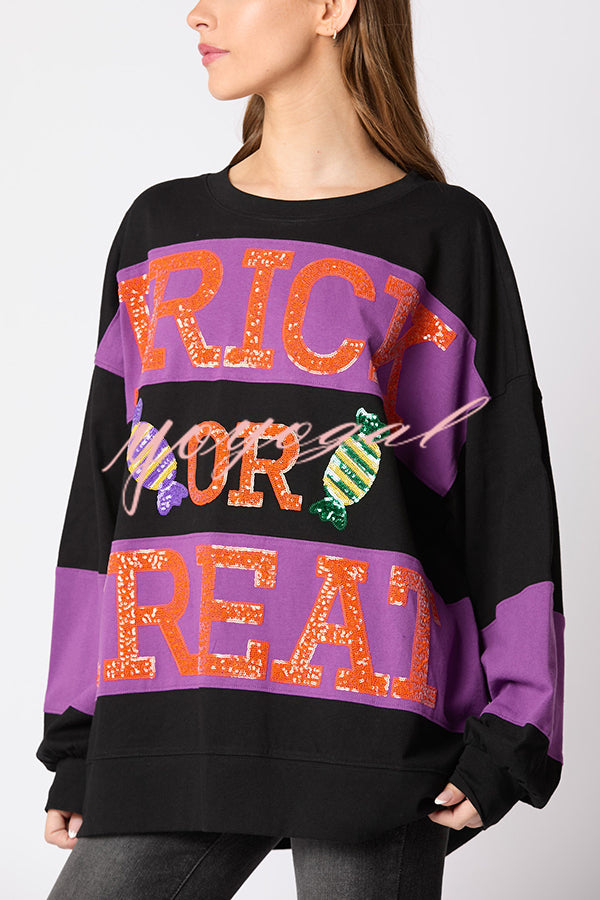 Halloween Letter Sequined Color Block Loose Casual Sweatshirt