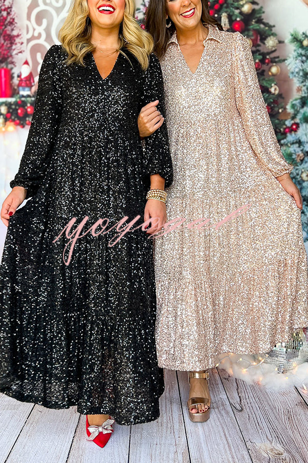 Christmas Elegant Sequin Long Sleeve V Neck Midi Dress