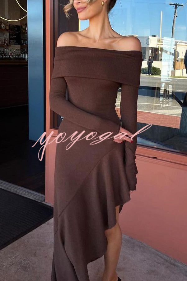 Temperament Off Shoulder Long Sleeve Irregular Hem Stretch Maxi Dress