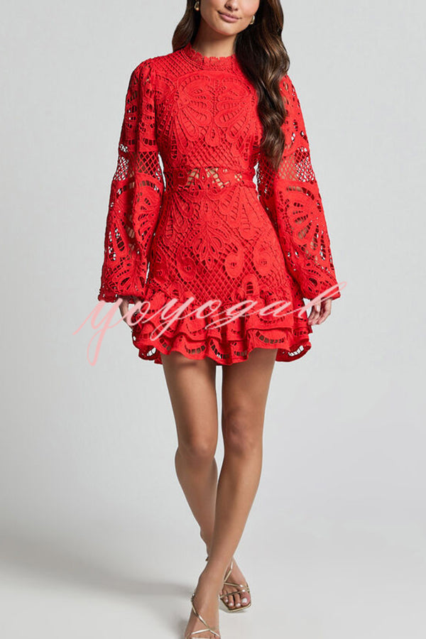 Solid Color Hollow Long-sleeved Waisted Lace Mini Dress