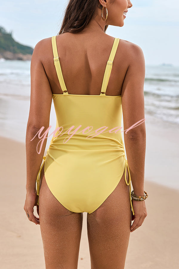 Solid Color Drawstring Waist Mesh One-Piece Swimsuit