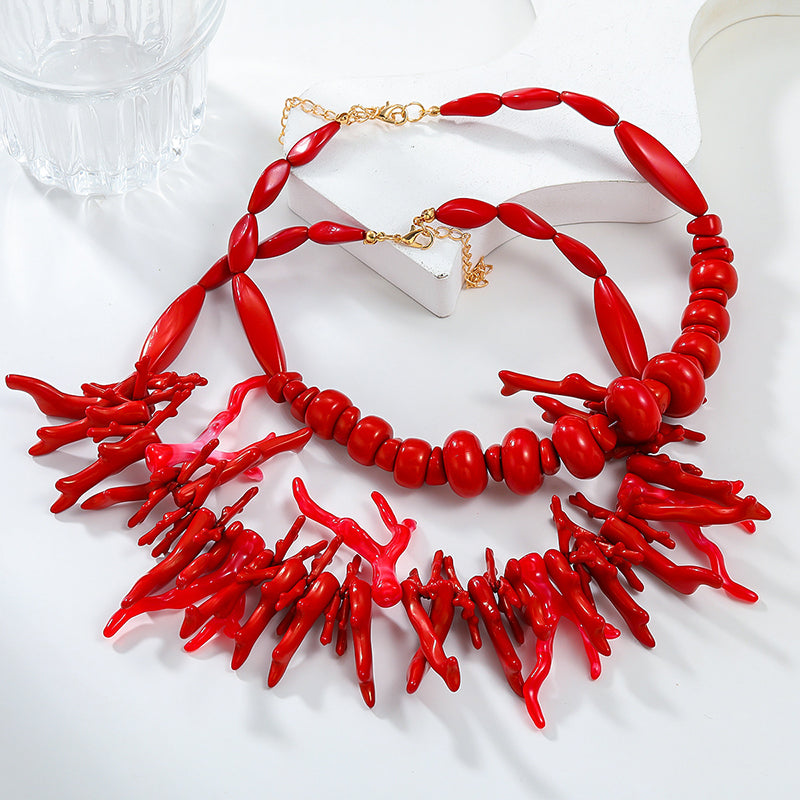 Bohemian Red Coral Necklace Two-piece Set