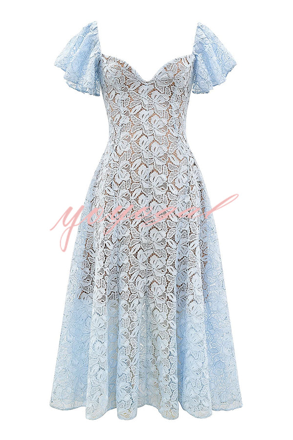 Romantic Atmosphere Bluebell Lace Butterfly Sleeve Sweetheart Neck Stretch Midi Dress