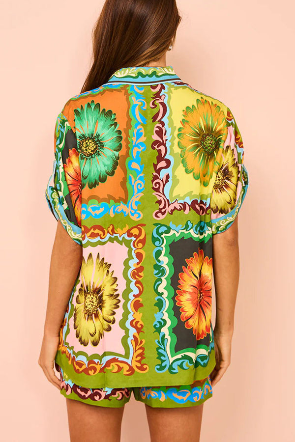 Disco Daisy Unique Print Colorblock Button Down Oversized Blouse