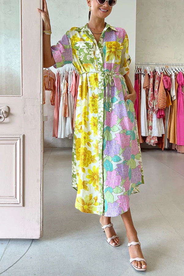 Travel Effortlessly Linen Blend Floral Patchwork Shirt Midi Dress