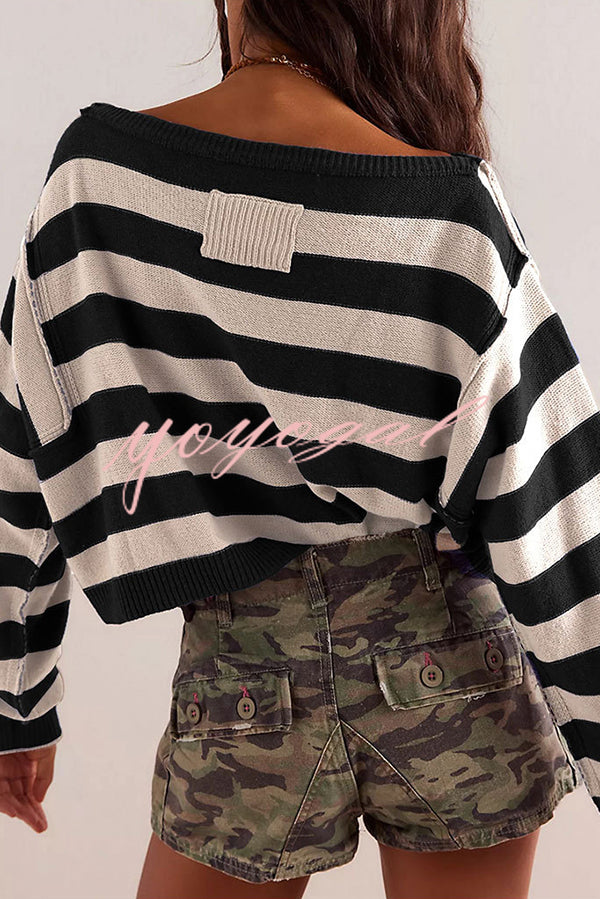 Striped Print Crew Neck Long Sleeve Loose Knitted Sweater