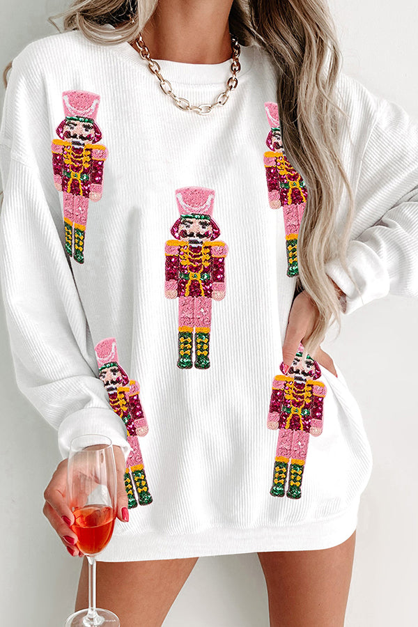 Christmas Soldier Sequin Loose Casual Long Sleeve Sweatshirt