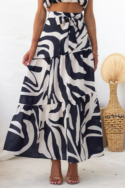 Style Wonderland Abstract Print High Waist Tie-up Maxi Skirt