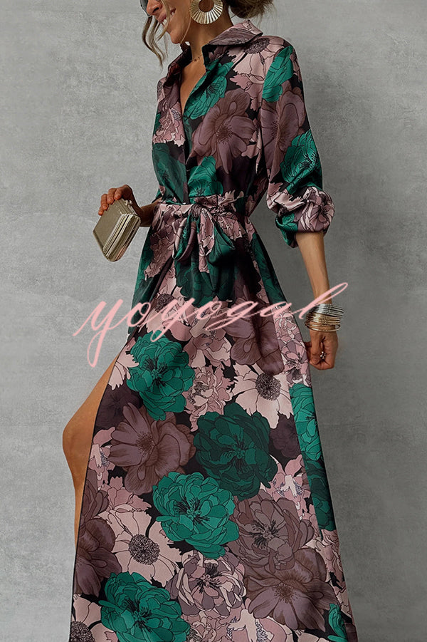 Floral Print Lapel Waisted Lace-up Long-sleeve Maxi Dress