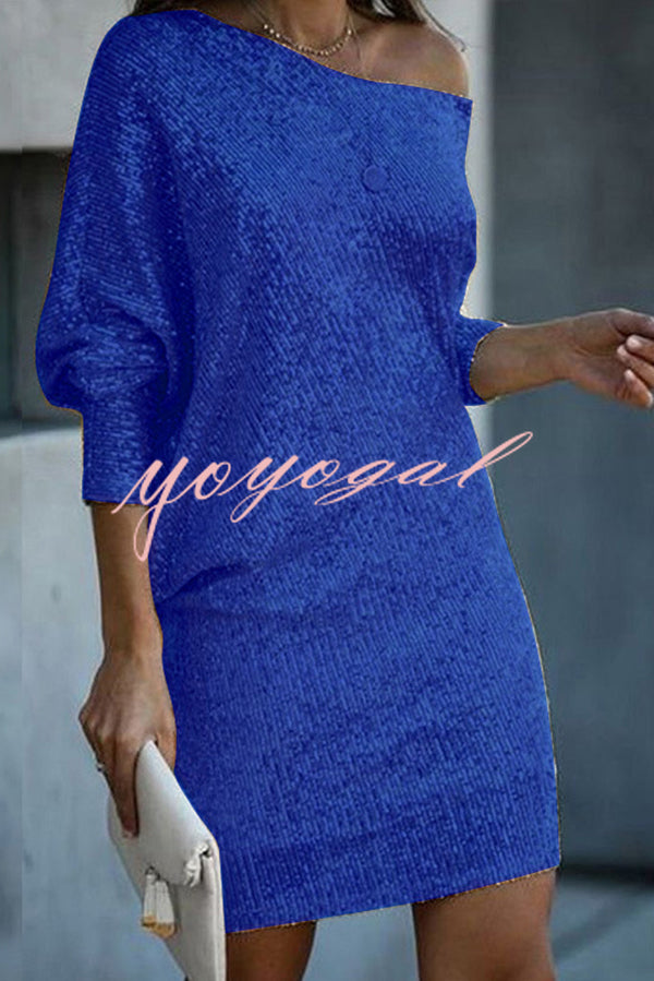 Solid Sequined Off-shoulder Loose Mini Dress