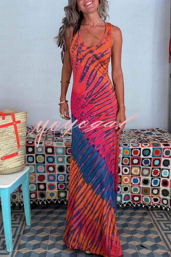 Nahuel Tie-dye Print Back Lace-up Fishtail Hem Stretch Maxi Dress