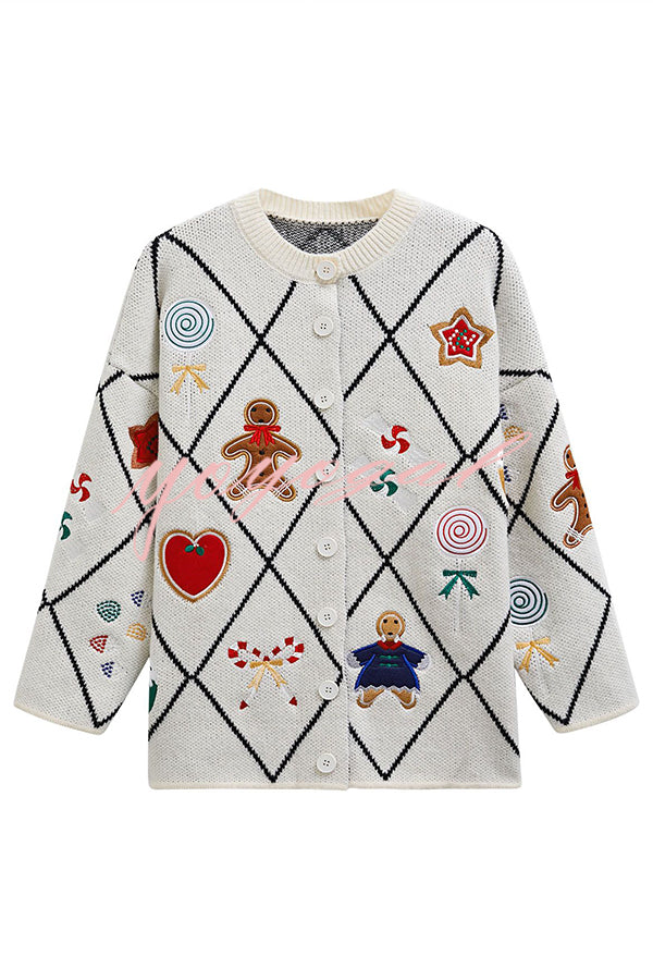 Argyle Candy Gingerbread Man Embroidered Button-knit Cardigan