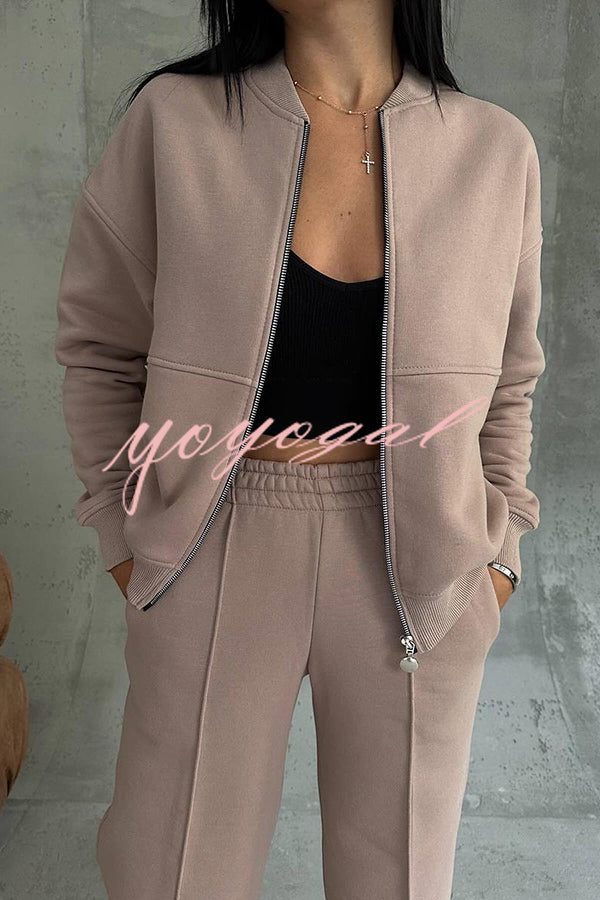 Solid Color Casual Long Sleeve Zipper Jacket and Elastic Waist Pocket Wide Leg Pants Set