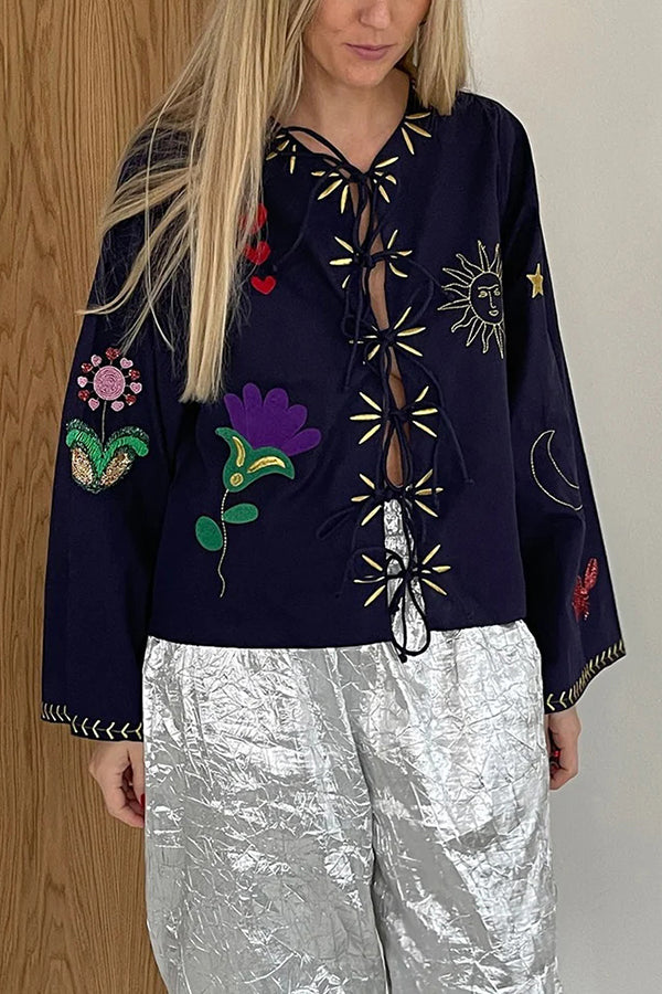 Fashionable Embroidered Lace-up Long-sleeved Loose Top