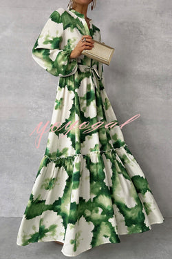 Unique Printed V-neck Long Sleeve Waist Tie-down Maxi Dress