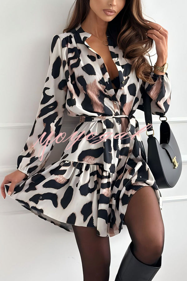 Fashion Leopard Print Long Sleeve Tie Waist Mini Dress