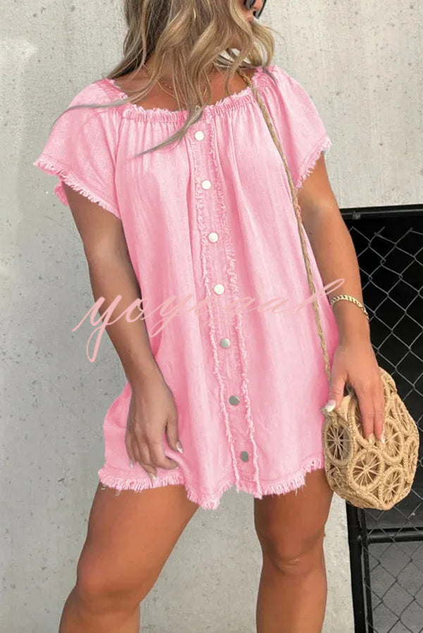 Fashionable Off Shoulder Short-sleeved Loose Denim Mini Dress