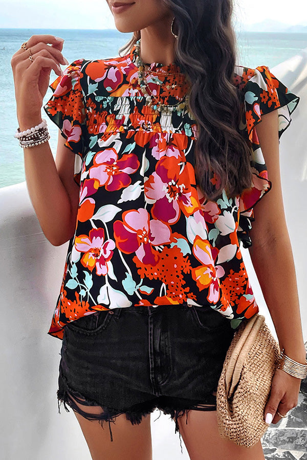 Floral Print Pleated Crew Neck Pullover Top