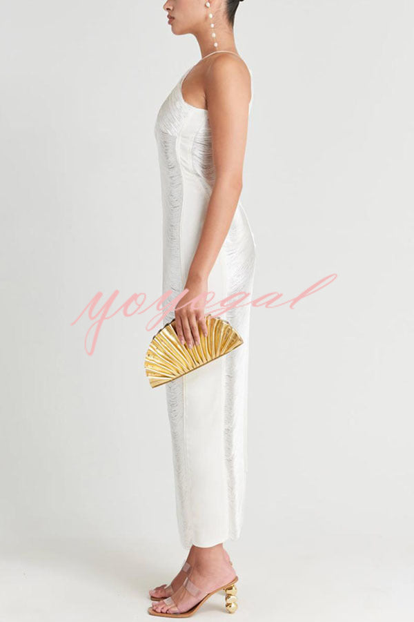 Sexy Allnight Metallic Halterneck Backless Fringed Slit Maxi Dress