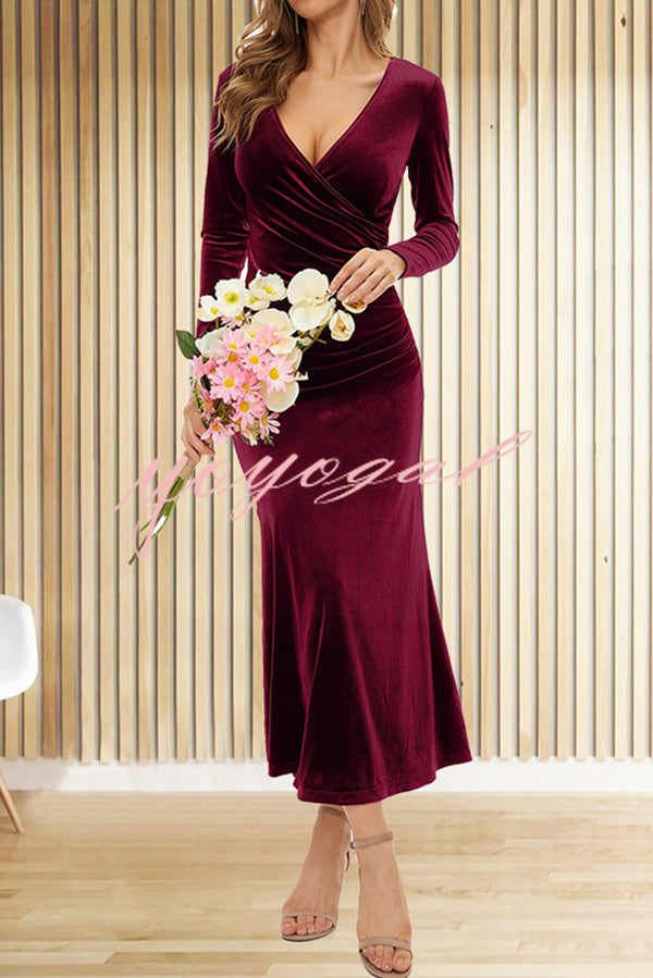 Solid Color Velvet Long Sleeve V-neck Slim Fit Fishtail Maxi Dress